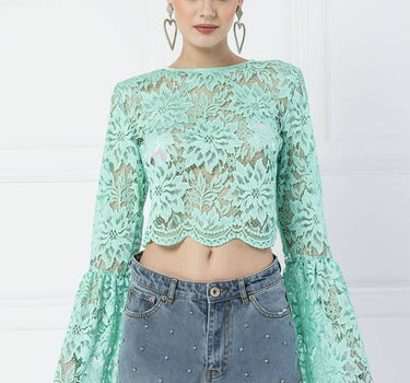 SHEER MINT LACE BELL-SLEEVE TOP