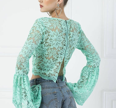 SHEER MINT LACE BELL-SLEEVE TOP