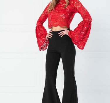 SHEER RED LACE BELL-SLEEVE TOP