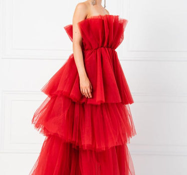 OFF SHOULDER RED RUFFLE TULL DRESS